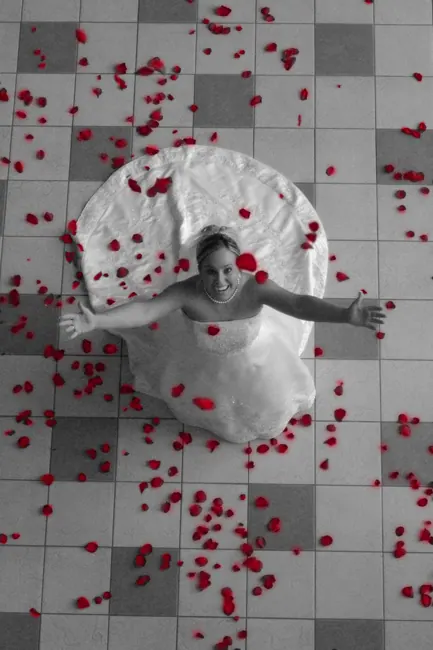 Overhead view of a bride on a floor scattered with rose petals