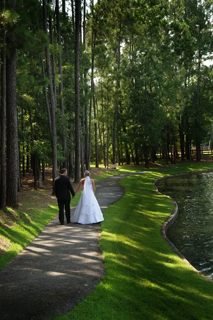 Newlyweds walking hand in hand down a path through tall pines